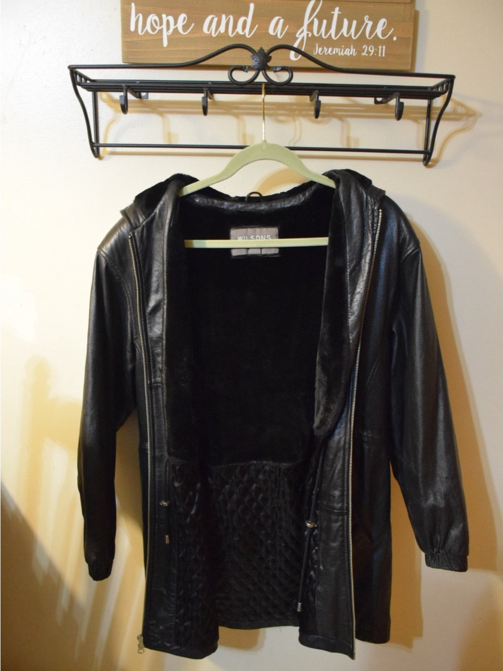 Wilsons Leather Black Hooded Faux Leather Jacket Size M